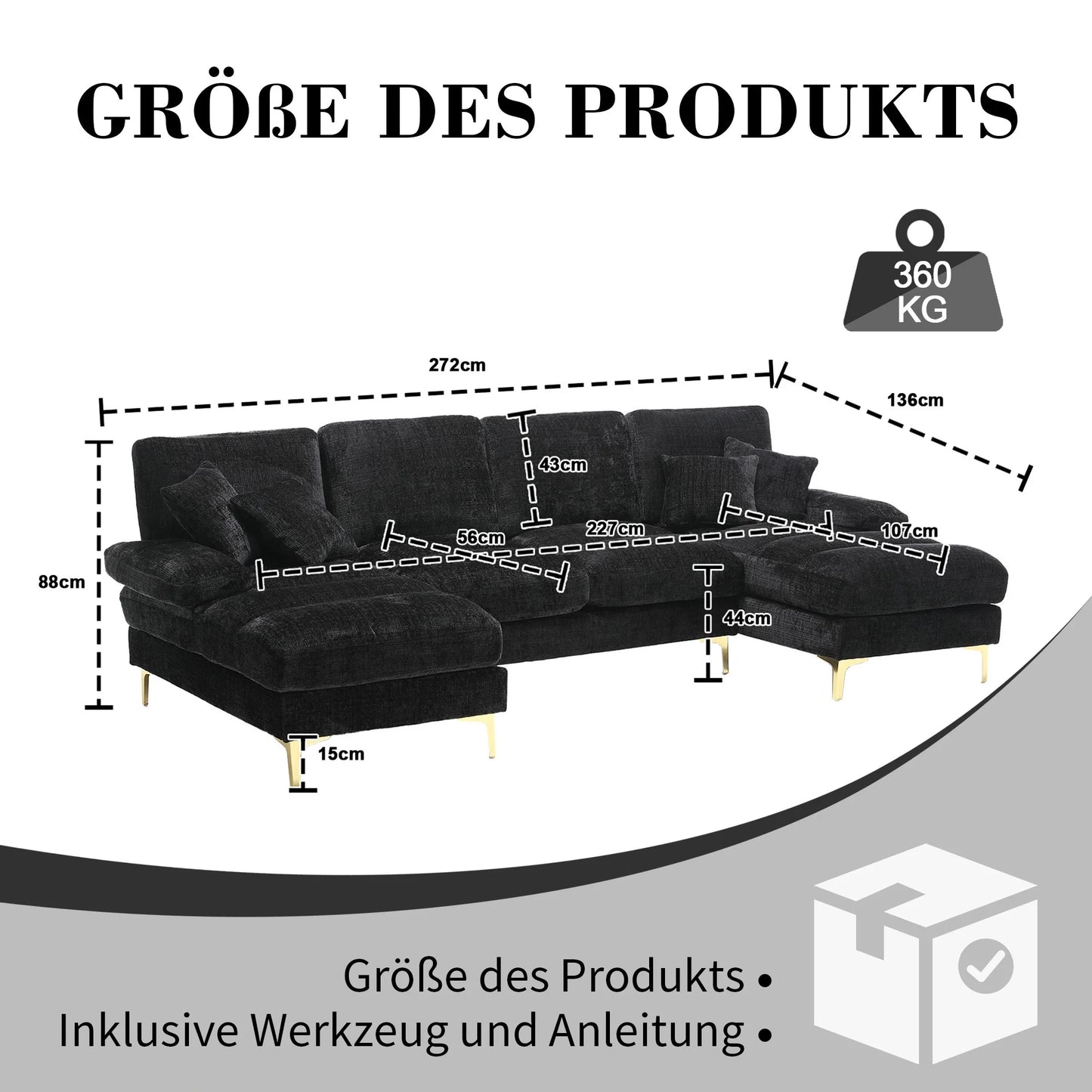 U-vormige Hoekbank – Loungebank – Sectional Bank – Sofa – Zwarte Chenille Bekleding – Verstelbare Rugleuningen – Gouden Metalen Poten