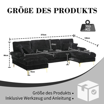 U-vormige Hoekbank – Loungebank – Sectional Bank – Sofa – Zwarte Chenille Bekleding – Verstelbare Rugleuningen – Gouden Metalen Poten