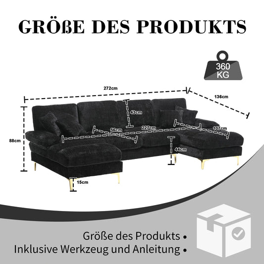 U-vormige Hoekbank – Loungebank – Sectional Bank – Sofa – Zwarte Chenille Bekleding – Verstelbare Rugleuningen – Gouden Metalen Poten