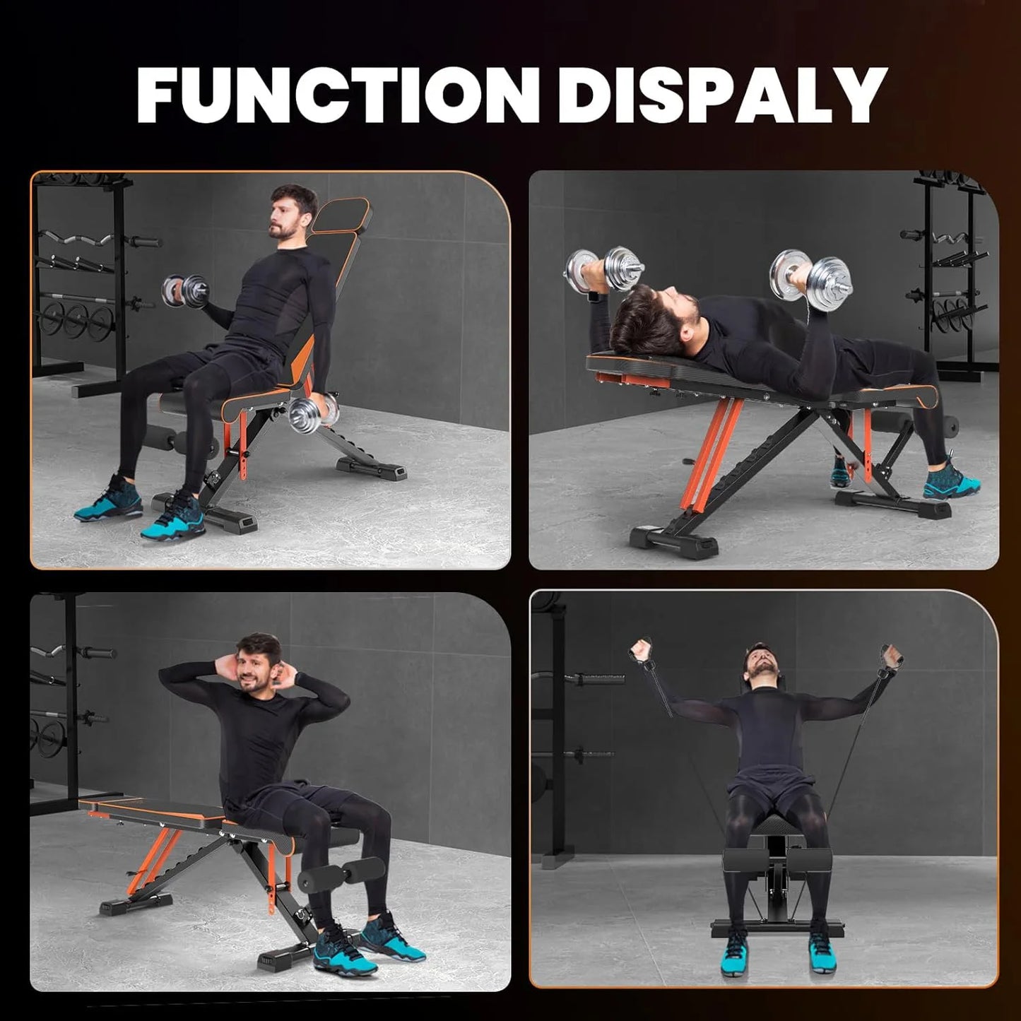 Halterbank - met Weerstandsbanden - Theffen - Sit-ups - Verstelbare - Full-Body Oefeningen - Thuisfitnessruimte - Zwart Oranje - QUORE
