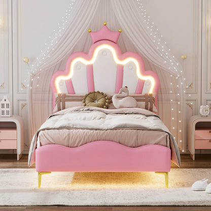 Kinderbed – Eenpersoonsbed – Led Bed – Prinsessenbed – Kinderkamerbed – 90x200 cm – PU Kunstleer Bekleding – Kleurveranderende LED Verlichting - QUORE