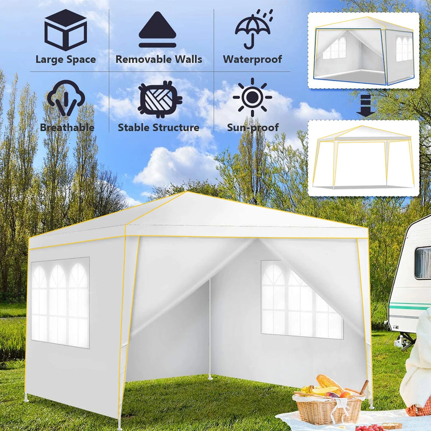Partytent – Vouwtent – Tent – Schaduwdoek – Waterdicht – UV-Bescherming 50+ - Metalen Frame –  3 x 3 Meter - Wit