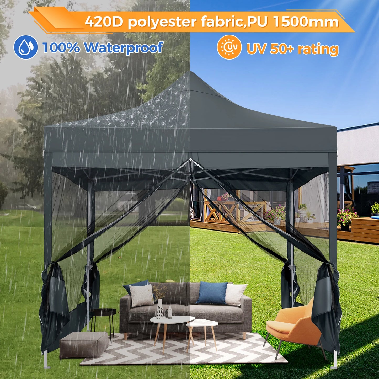 Opvouwbaar Tuinhuisje – Pop-Up Tent – Overkapping – Insectenbescherming – Waterdicht Oxford – Drie Verstelbare Hoogtes - Grijs - QUORE