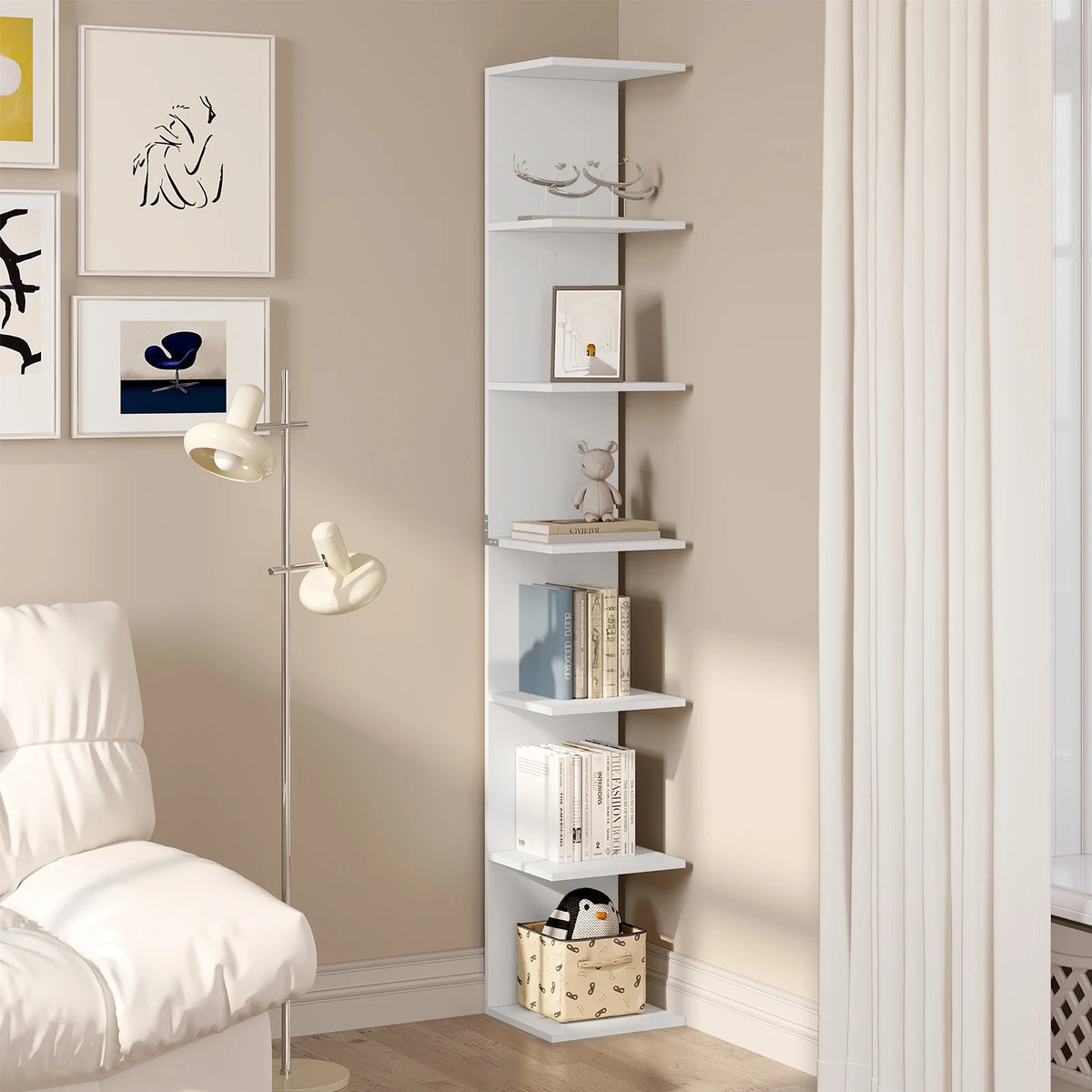 Vrijstaande Boekenkast - Opbergkast - Grek - Hoge Plankenkast - Staande Kast - 7 Niveaus  - Flexibele Indeling  - Duurzaam & stevig - 30x189,5x28cm - Wit