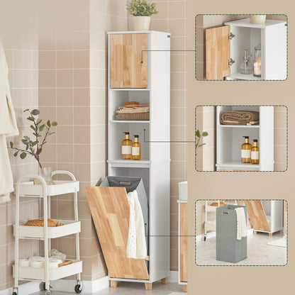 Hoge Badkamerkast – Badkamermeubel – Opbergkast – Wasmandkast – Waskast – Wit-Natuur – Inklapbare Wasmand – Stevige Rubberhouten Poten - QUORE