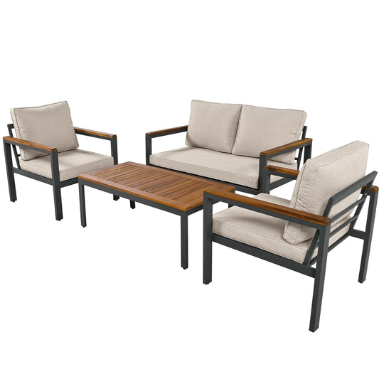 Tuinset – Loungeset – Balkonset – Buitenmeubelen – 4-Delige Set – Metalen Frame – Acaciahouten Details