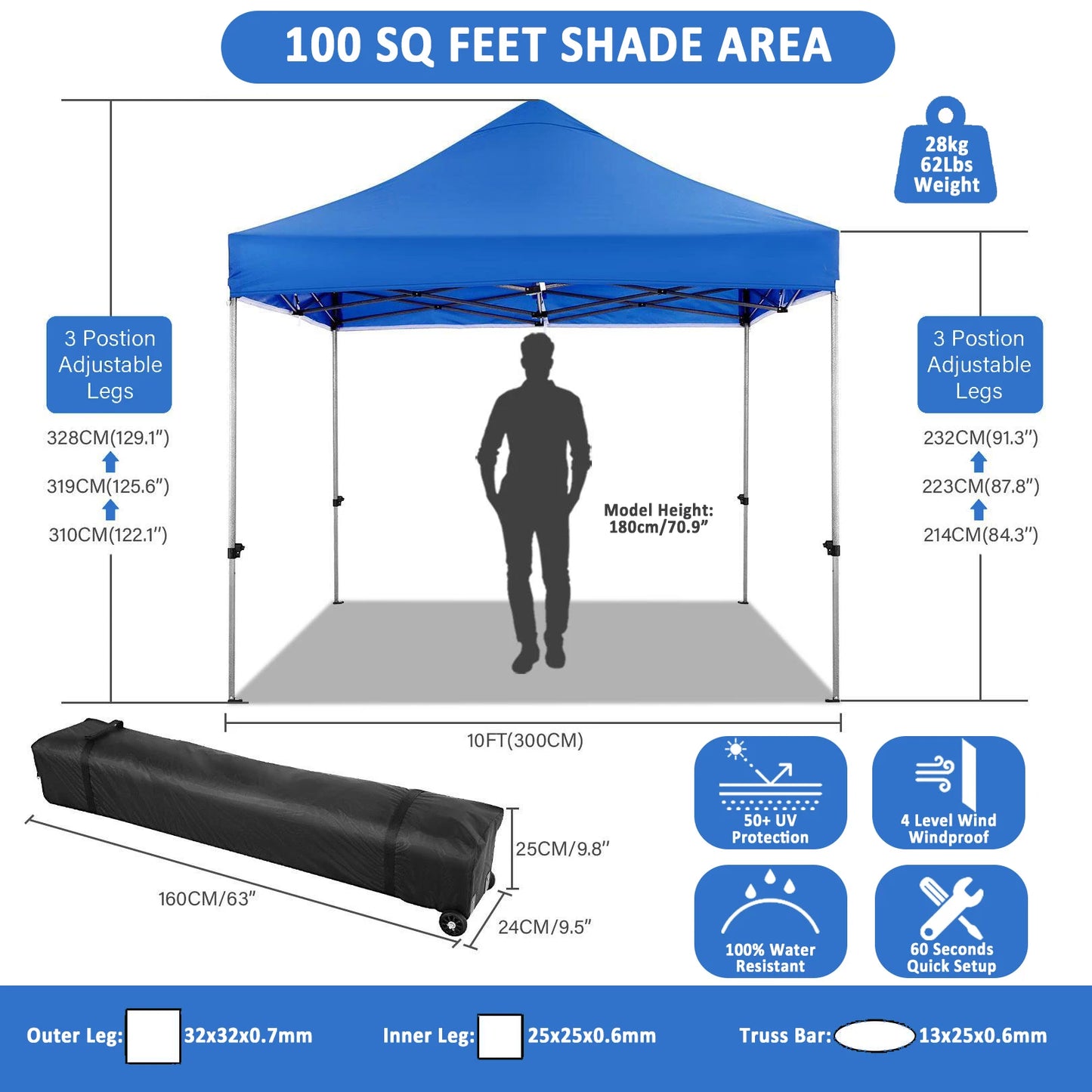 Tuinentent – Partytent – Pop-Up Luifeltent – Overkapping – Tent – Waterdicht Oxford Stof – Roestvrij Stalen Frame - 3x3m - Blauw