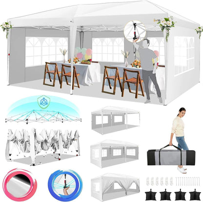 Pop-Up Partytent – Pop-Up Tent – Gazebo – Evenemententent – Feesttent – Waterdichte Oxford-Kap – 3x6 Meter – Met 6 Afneembare Zijwanden - Wit - QUORE