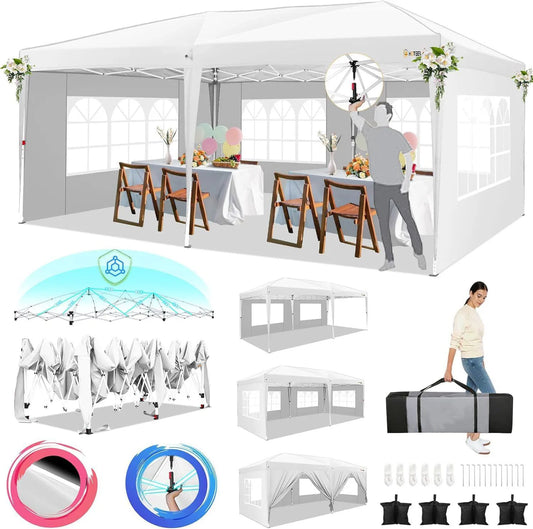 Pop-Up Partytent – Pop-Up Tent – Gazebo – Evenemententent – Feesttent – Waterdichte Oxford-Kap – 3x6 Meter – Met 6 Afneembare Zijwanden - Wit - QUORE