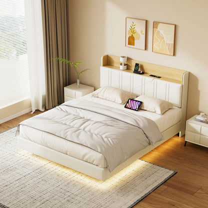 Led bed – Gestoffeerd bed – Opbergbed – Tweepersoonsbed – Bedframe – 140x200 cm – Zwevend ontwerp met LED verlichting – USB oplaadstation geïntegreerd