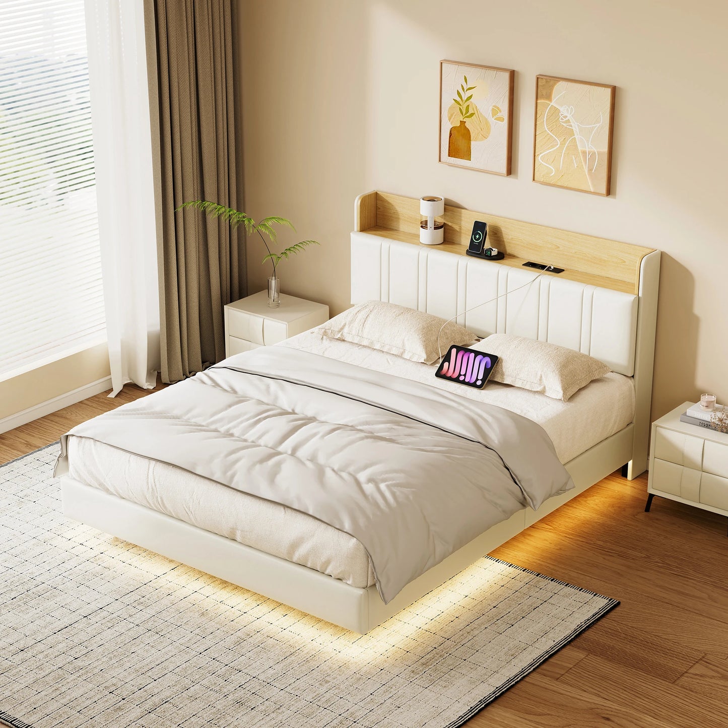 Bedframe 140x190 cm – Zwevend Bed – Led Verlichting Bed – Double Bed – Stalen Bedframe – Met Usb Oplaadpunt – Modern Zwevend Design – RGB Led Sfeerlicht