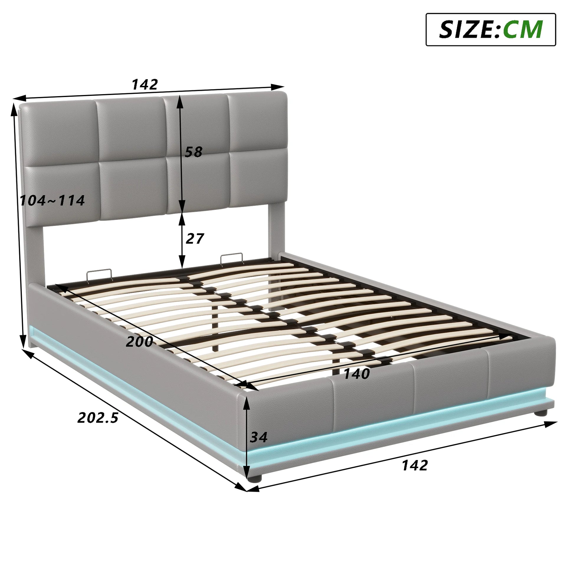 Tweepersoonsbed – Bedframe – Opbergbed – Led Bed – Verstelbaar Hoofdeinde – 140x200 cm Grijs – Hydraulische Opbergruimte – PU Bekleding - QUORE