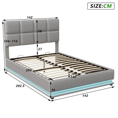 Tweepersoonsbed – Bedframe – Opbergbed – Led Bed – Verstelbaar Hoofdeinde – 140x200 cm Grijs – Hydraulische Opbergruimte – PU Bekleding - QUORE