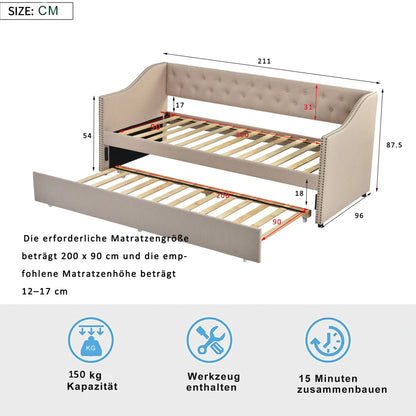Slaapbankbed – Bedbank – Uitschuifbed – Sofa Bed – Logeerbed – Beige – Duurzame Linnen Bekleding – Stevige MDF Constructie met Lattenbodem 90x200 cm