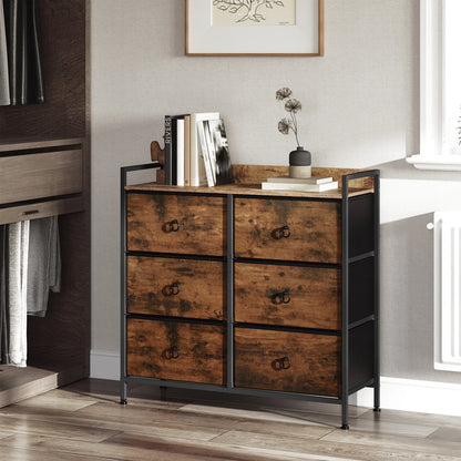 Ladenkast - Dressoir Kasten - Ladekast met 6 Stoffen Lades - Stevig & Stijlvol - Industriële Opbergkast - Metaal & Hout - Voor Woonkamer - Slaapkamer  - Hal  - 80x29x78cm - Vintage Bruin