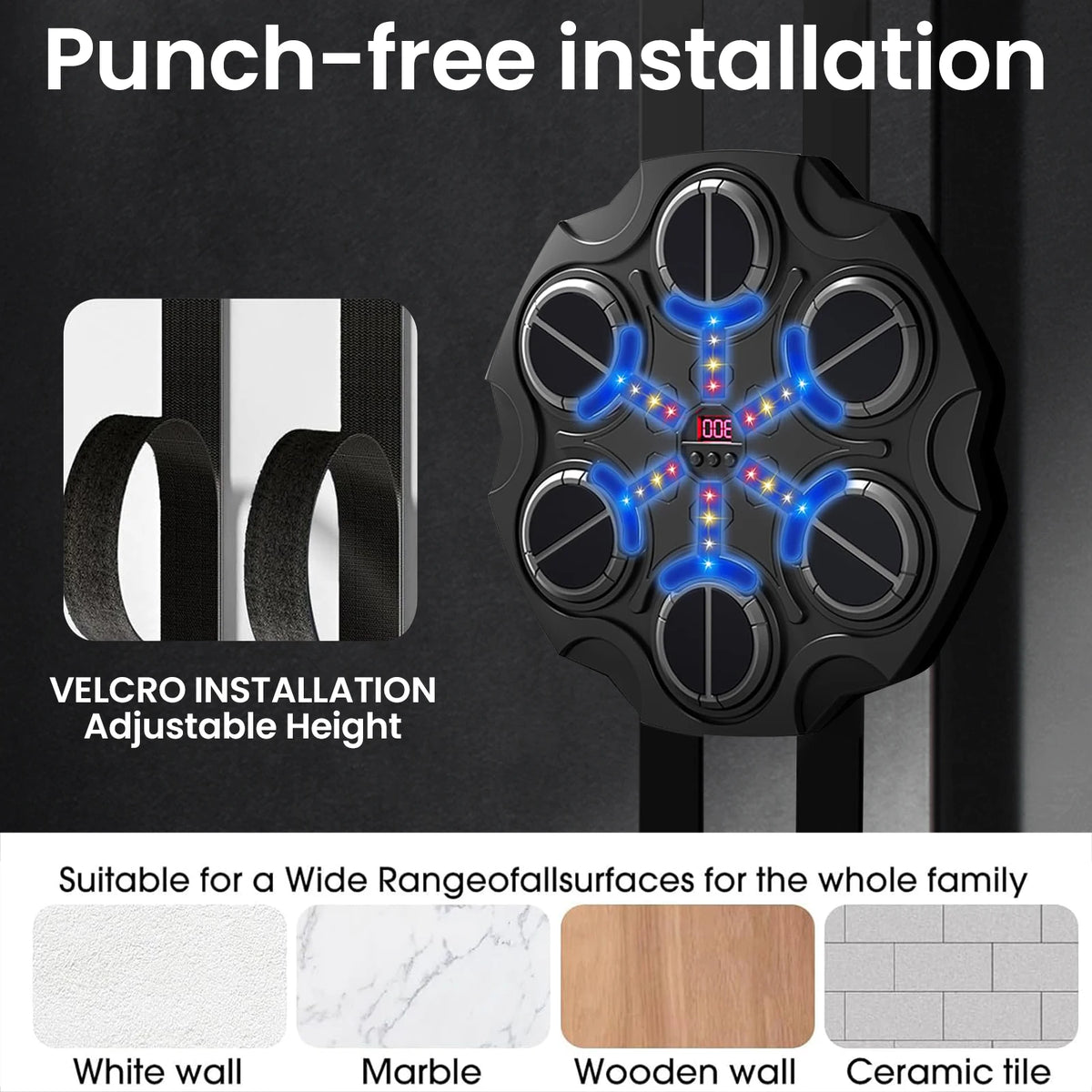 Music Boxing Machine - Music Boxing Machine voor de Muur - Gemonteerde Boks Trainer met Handschoenen & Bluetooth - Zwart
