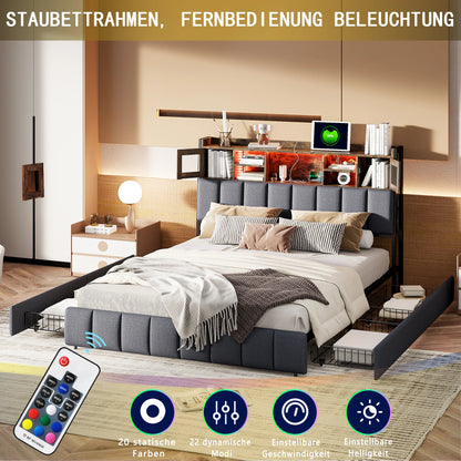 Gestoffeerd Bed – Tweepersoonsbed – Opbergladen Bed – Led Hoofdbord Bed – Slaapkamerbed – 160x200 cm – Ingebouwde USB-poorten – Verstelbare LED-verlichting