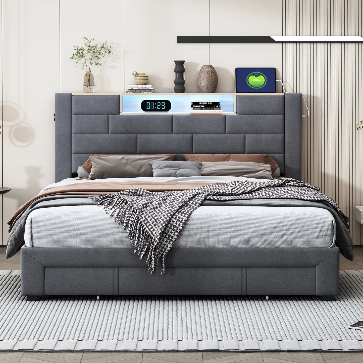 Bed – Tweepersoonsbed – Gestoffeerd Bed – Opbergbed – Bed met Lade – 140x200 cm – Fluwelen Bekleding – LED Verlichting en USB-poorten