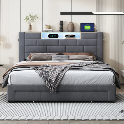 Bed – Tweepersoonsbed – Gestoffeerd Bed – Opbergbed – Bed met Lade – 140x200 cm – Fluwelen Bekleding – LED Verlichting en USB-poorten