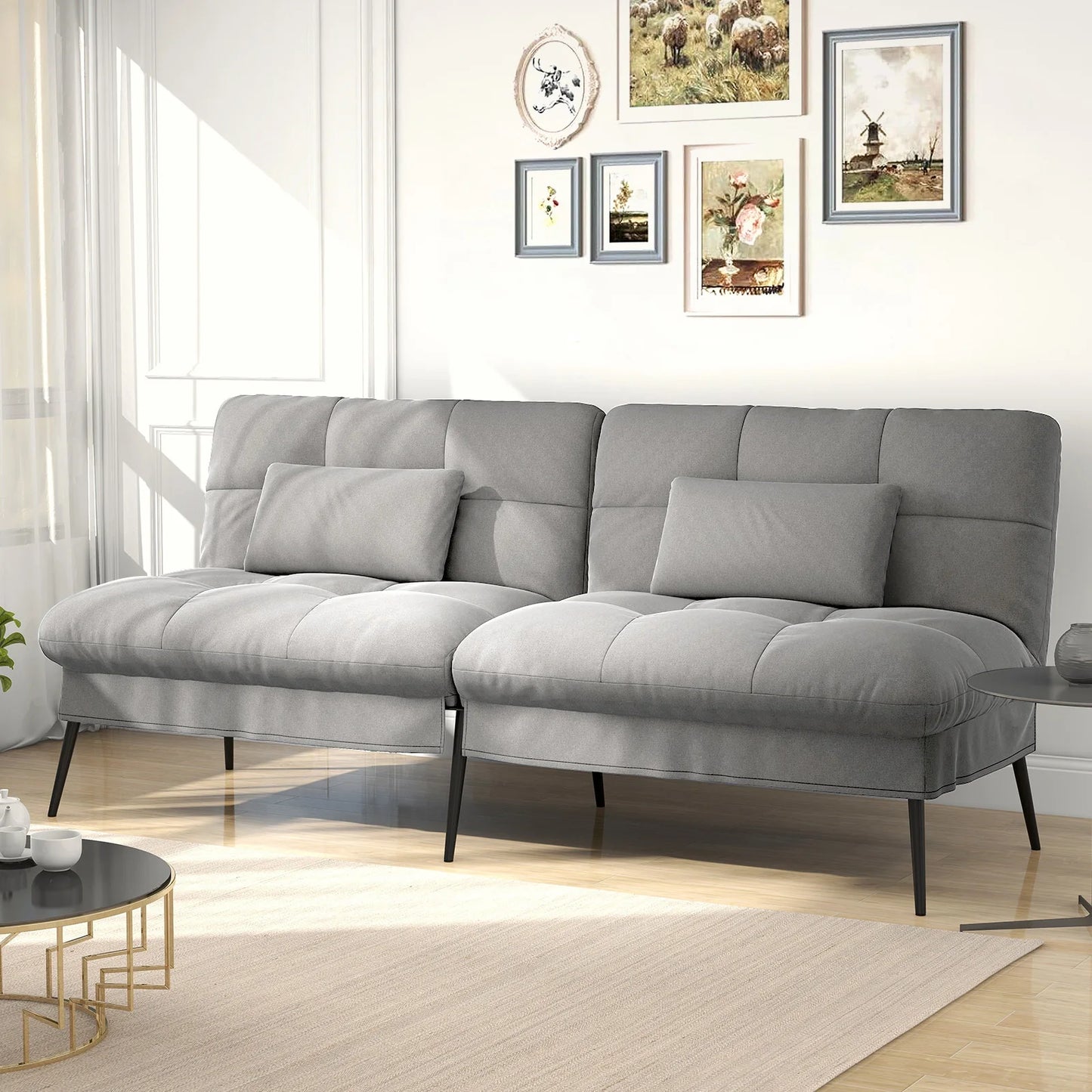 Hoekbank Met Slaapfunctie – 3-Zitsbank – Slaapbank – Loungebank – Verstelbare Rugleuning – Katoenen Fluweel – Metalen Frame - Grijs