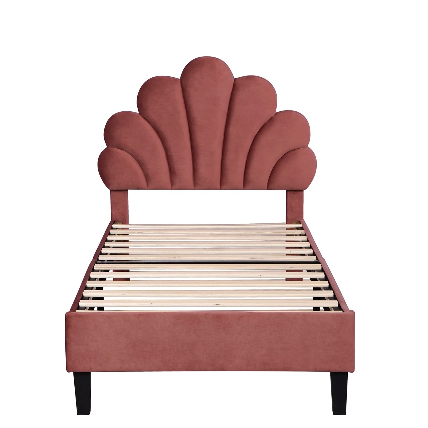 Kinderbed – Meisjesbed – Eénpersoonsbed – Jeugdbed – Logeerbed – Wijnrood Velours – Bloemvormig Hoofdbord – Stevig MDF Frame – 200 kg Draagkracht