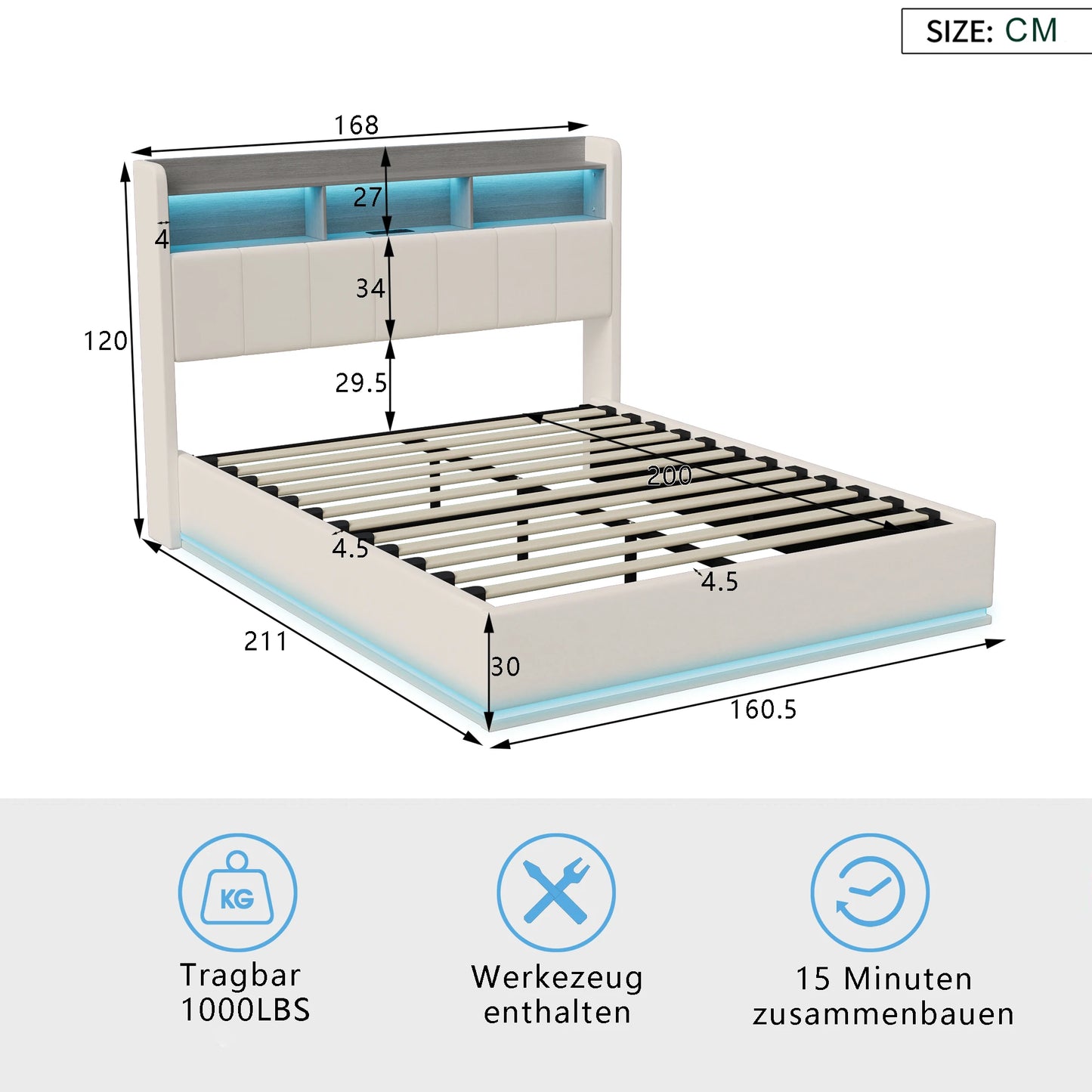 Boxspring 160x200 cm – Tweepersoonsbed – Gestoffeerd Bed – Ledverlichting Bed – Opbergladen Bed – Metalen Frame – Velvet Bekleding – Stevig Met Centraal Versteviging