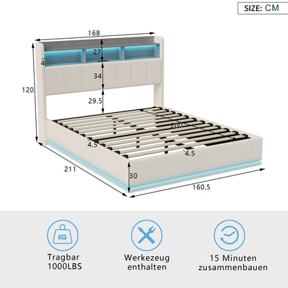 Boxspring 160x200 cm – Tweepersoonsbed – Gestoffeerd Bed – Ledverlichting Bed – Opbergladen Bed – Metalen Frame – Velvet Bekleding – Stevig Met Centraal Versteviging