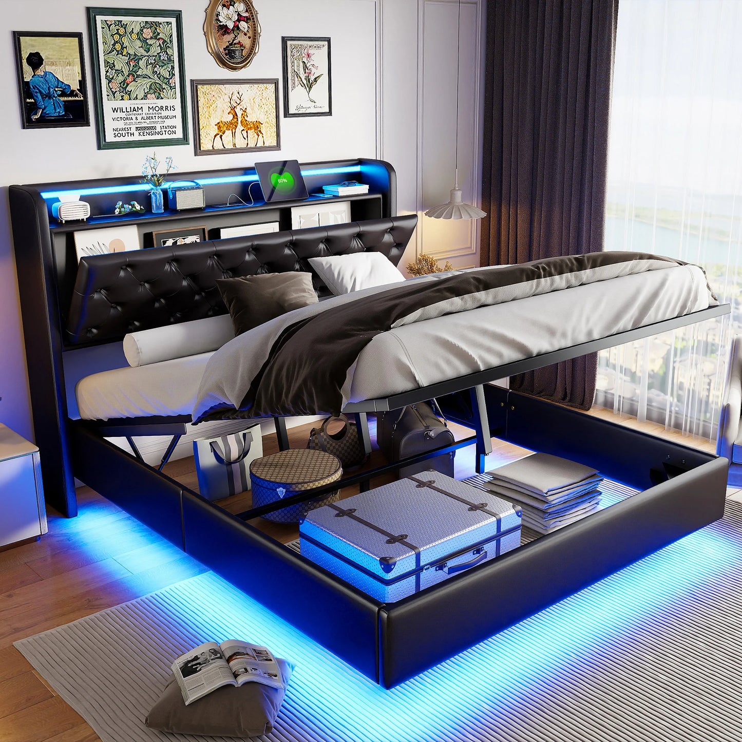 Zwevend Bed – Opbergbed – Led Bed – Bed met Hoofdbord – Slaapbed – 160x200 cm – PU Hoofdbord – RGB LED Verlichting met USB Poorten