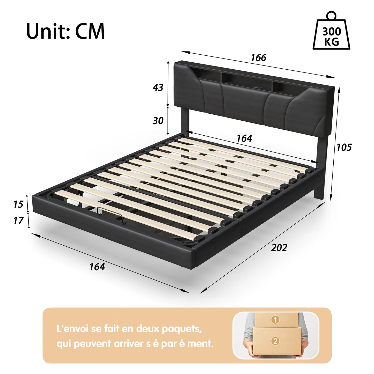 Tweepersoonsbed – Modern Bed – Opbergbed – Boxspring – Kunstleren Bed – Zwart 160x200 cm – Met LED-Verlichting – Gasdrukveer Opbergruimte