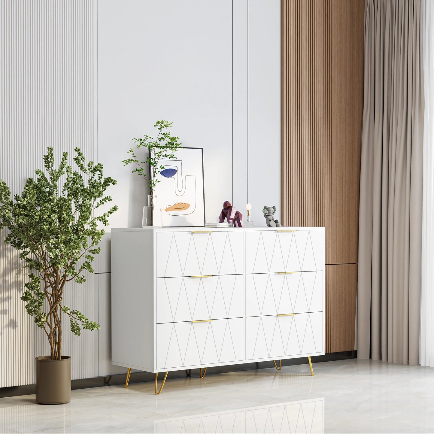 Ladekast – Kommode – Opbergkast – Dressoir – Ladenkast – Wit Met Gouden Handgrepen – 6 Ruime Laden – Met Anti-Kantelbeveiliging