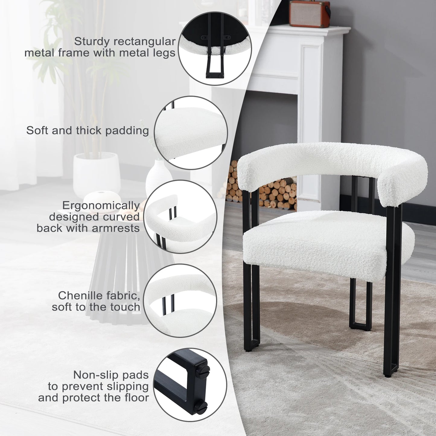 Eetkamerstoelen - Eetstoelen - Keukenstoelen - 2 Stuks - Moderne Stijl - Ergonomische - met Rugleuning - Armleuning - Voor Keuken - Eetgedeelte - Chenille-stof Zitje - Metalen Voeten - 61.5 x 72 x 51.5 cm - Crème
