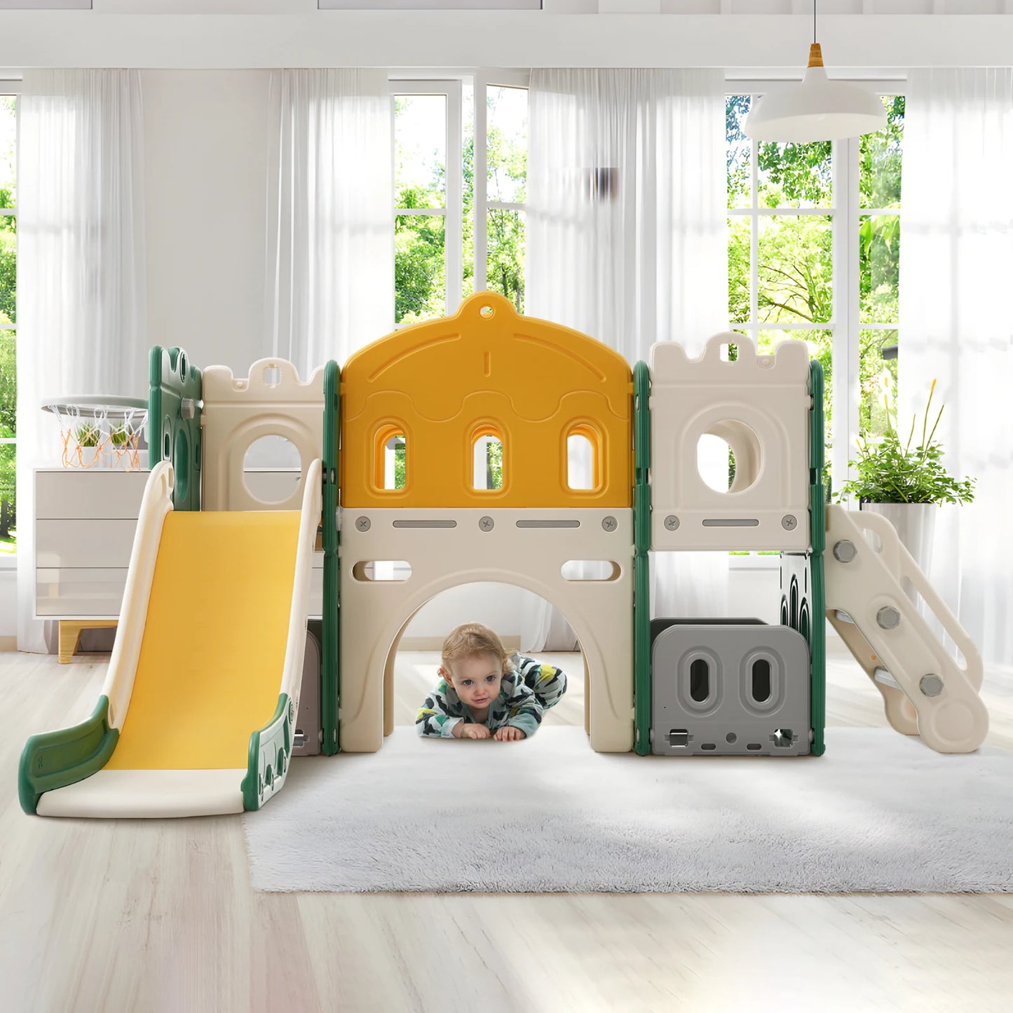 6 in 1 - Glijbaan - Kinderspeeltuin - Kinderglijbaan - Klimspeelgoed - Basketbalkraam - voor Kinderen - van 1-6 jaar - Veilige Trap - Speelplezier Gegarandeerd - voor Binnen - Buiten - Tuin - 190 x 151 x 106 cm - Geelachtig Groen
