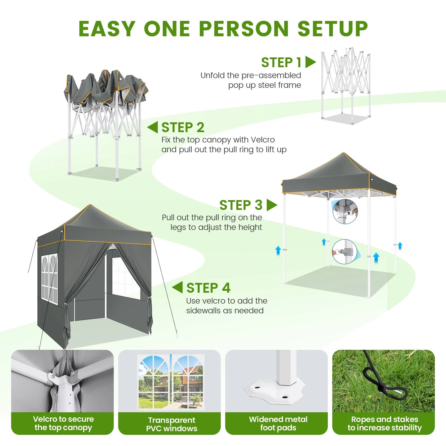 Partytent –  Pop-Up Luifel – Zonnescherm – Overkapping – Tuinpaviljoen – Waterdicht Oxford Doek – Verstelbare Hoogte - 2 x 2 Meter - Grijs