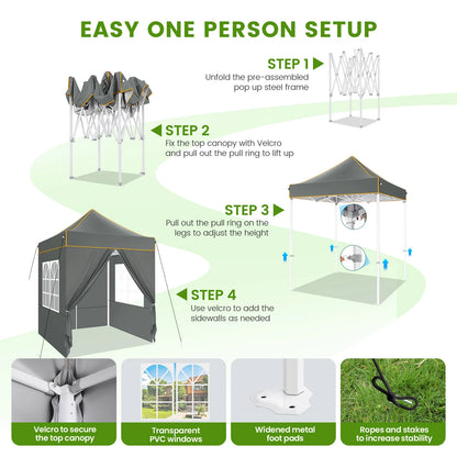 Partytent –  Pop-Up Luifel – Zonnescherm – Overkapping – Tuinpaviljoen – Waterdicht Oxford Doek – Verstelbare Hoogte - 2 x 2 Meter - Grijs