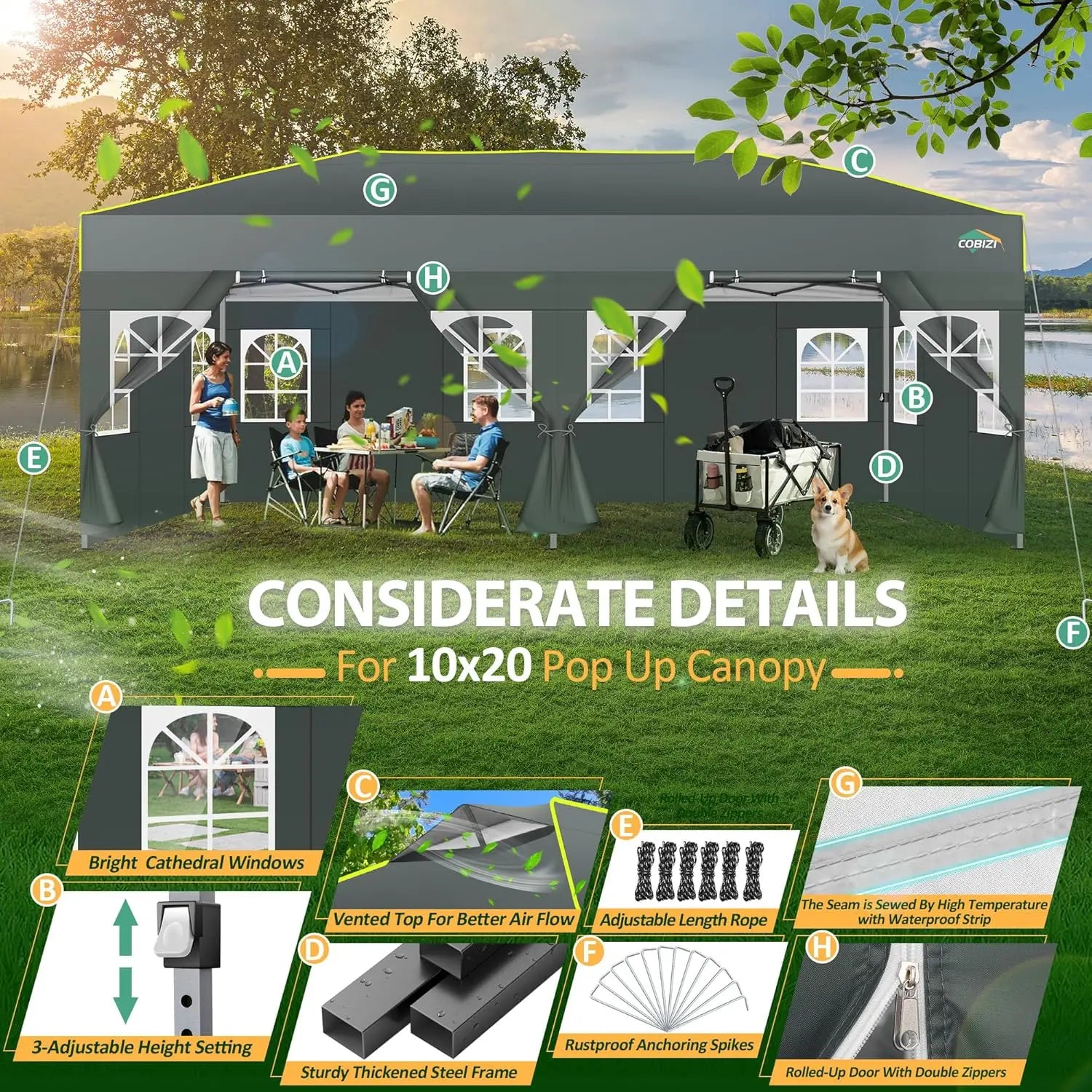 Pop-Up Tent – Partytent – Tuin Tent – Markt Tent – Waterdicht 210D Oxford Polyester – Verstelbare Hoogte – UPF 50+ Zonbescherming - Wit - QUORE