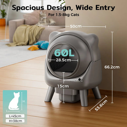 Automatische Kattenbak – Zelfreinigende Kattenbak – Slimme Kattenbak – App-Kattenbak – 60 Liter Inhoud – Geurfilter – Stil Onder 32dB - Grijs