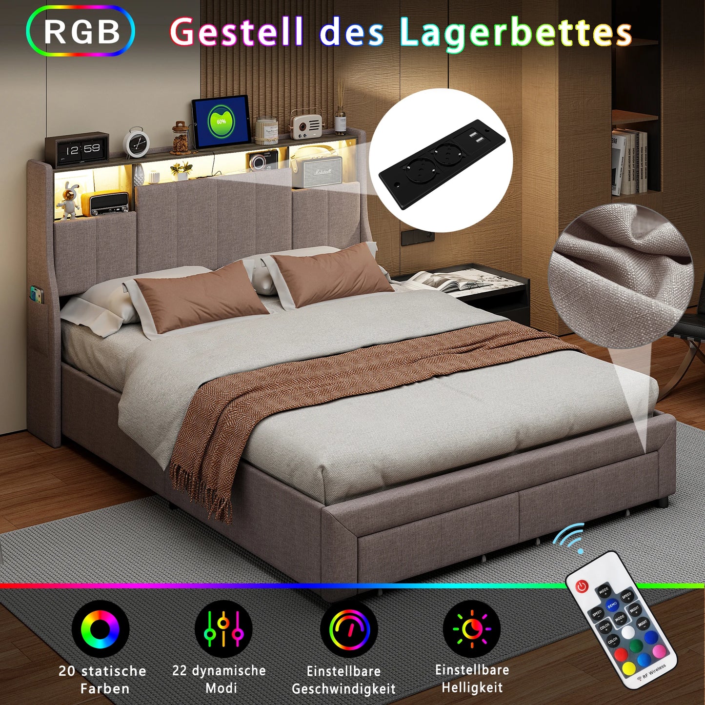 Tweepersoonsbed – Bed – Opbergbed – Led Bed – Slaapbank – 160x200 cm – Met Led Verlichting en Usb Poorten – Inclusief 2 Grote Laden