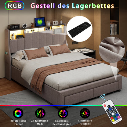 Tweepersoonsbed – Bed – Opbergbed – Led Bed – Slaapbank – 160x200 cm – Met Led Verlichting en Usb Poorten – Inclusief 2 Grote Laden