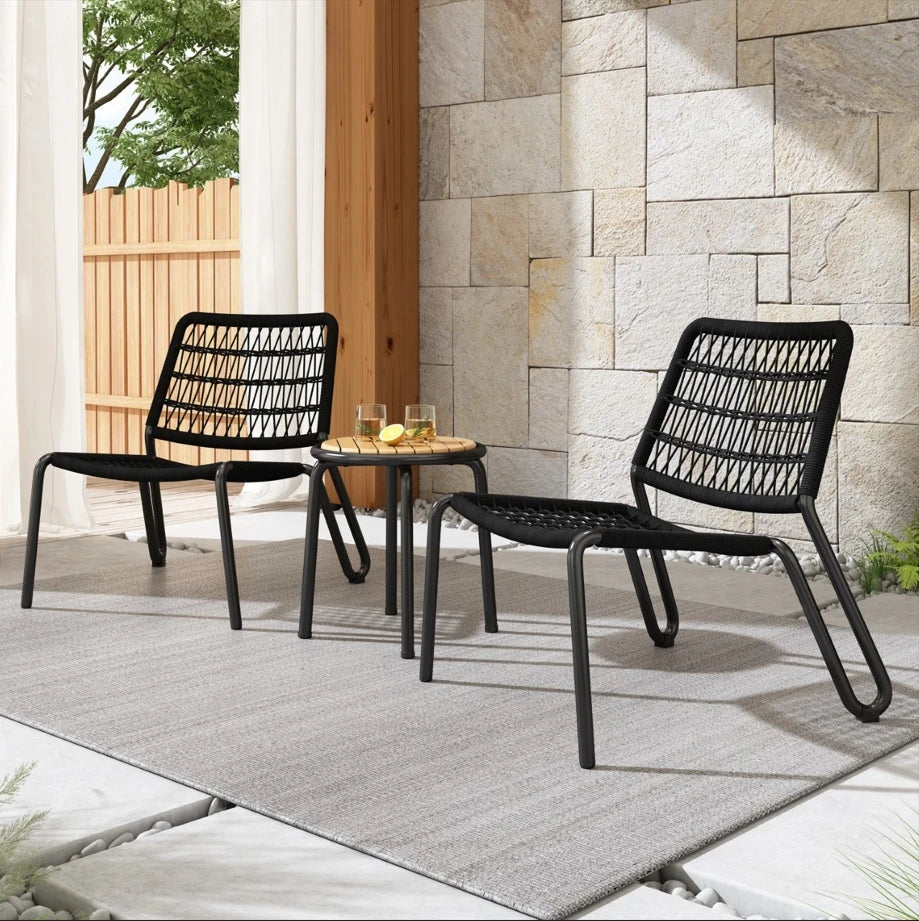 MERAX Bistro Set 3-TLG. -Galvanized steel balcony furniture & hand-braided rope, solid wood table, chairs 160 kg load capacity