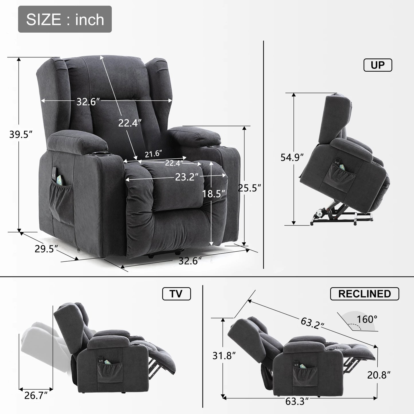Elektrische Relaxfauteuil – Relaxstoel – Liftsysteem – Massagefauteuil – Verstelbare Rugleuning – Warmtefunctie – Draaglast 150 Kg - 75 x 83 x 100 cm - Grijs - QUORE