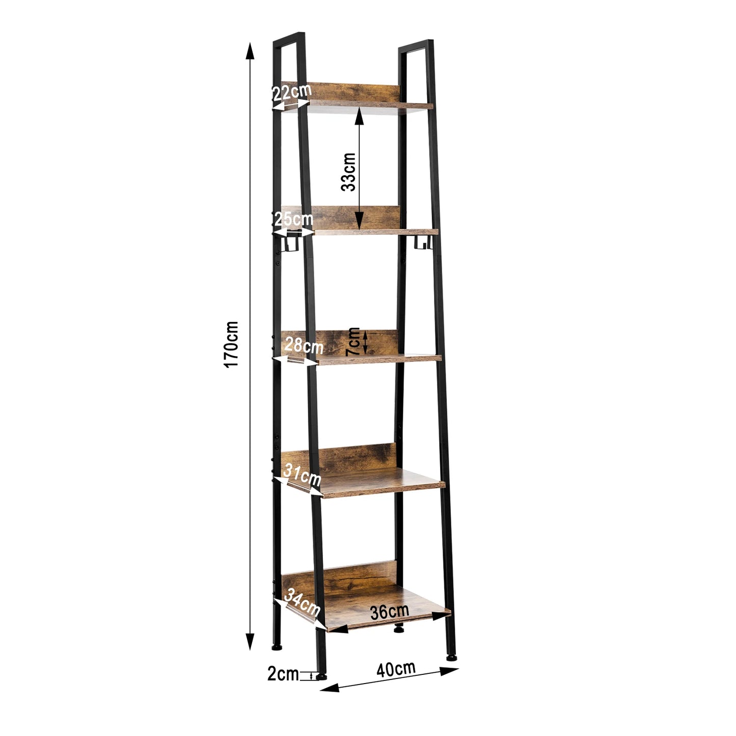 Boekenkast – Industrieel Boekenrek met Houten Planken en 4 Haken – Multifunctionele Boekenplank - Stellingkast - Keukenrek – Open Opbergrek voor Woonkamer, Keuken of Kantoor – 40x170x36 cm – Zwart & Hout - QUORE
