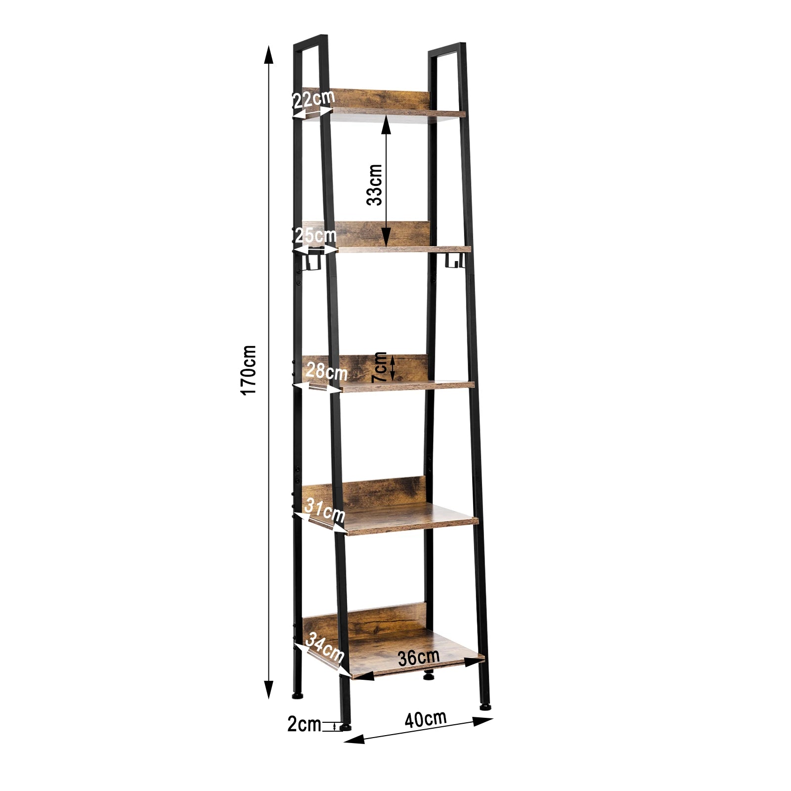 Boekenkast – Industrieel Boekenrek met Houten Planken en 4 Haken – Multifunctionele Boekenplank - Stellingkast - Keukenrek – Open Opbergrek voor Woonkamer, Keuken of Kantoor – 40x170x36 cm – Zwart & Hout - QUORE