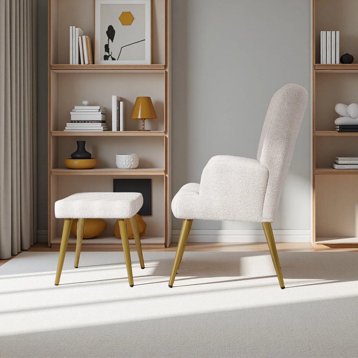 Wing Chair – Fauteuil – Loungestoel – Accentstoel – Relaxstoel – Lichtgrijs Teddy Velvet – Inclusief Voetenbank – Duurzame Dennenhouten Constructie