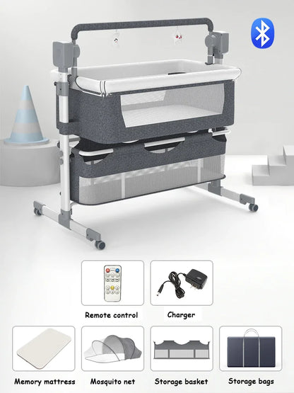 Elektrisch Babybed - Babybedje - Wieg - Babybed - Ledikant - Verstelbare Hoogte - met Muskietennet - Schommelbed - Multifunctioneel - Binnen & Buiten - Met Afstandsbediening - Bluetooth - Bruin