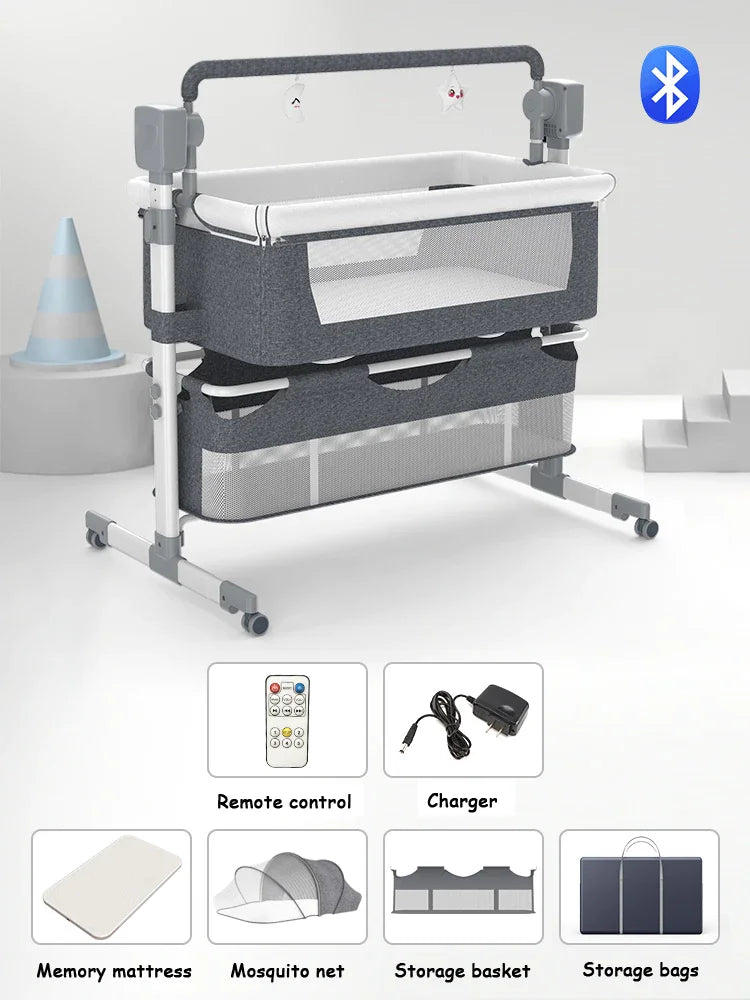 Elektrisch Babybed - Babybedje - Wieg - Babybed - Ledikant - Verstelbare Hoogte - met Muskietennet - Schommelbed - Multifunctioneel - Binnen & Buiten - Met Afstandsbediening - Bluetooth - Khaki