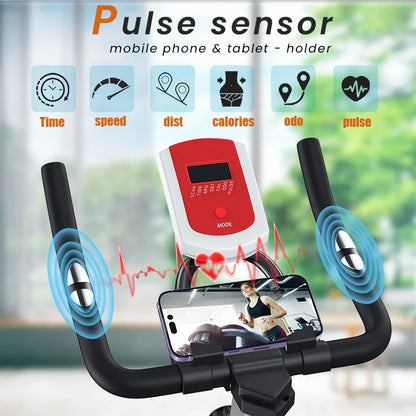 Fitness Fiets - Hometrainer - Indoor Cycle - met LCD Monitor - Stille Stationaire - Cardio - Weerstandssysteem Magnetisch - Transportwielen - Hartslagfunctie - voor Gewichtsverlies - 120kg - Rood-zwart