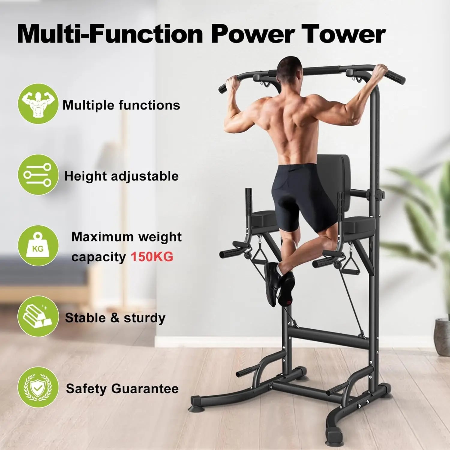 Power Tower - Pull Up Station - Bar - Rack - Dip - Push Up - Multifunctionele - Inclusief Weerstandsbanden - Verstelbaar - Oefening Abdominale Oefeningen - voor Thuis Gym Krachttraining - Zwart - QUORE