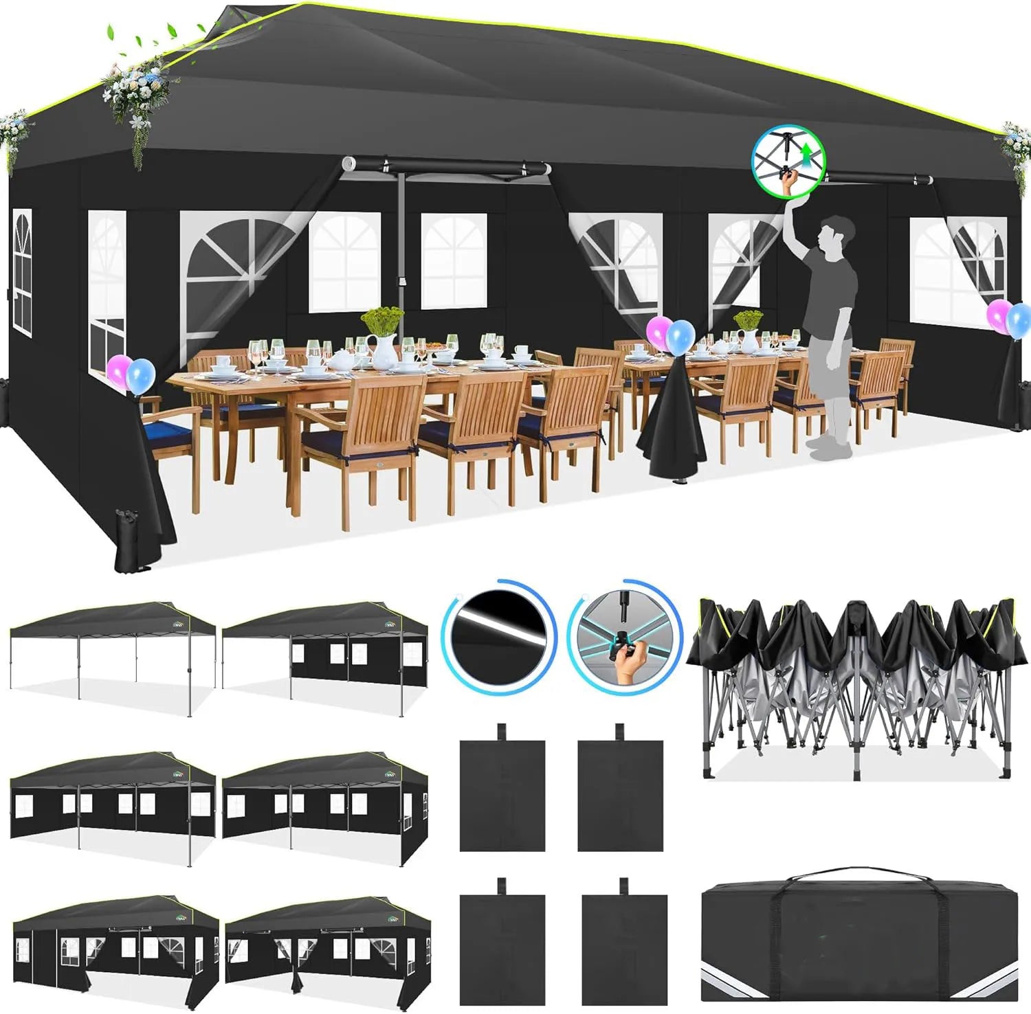 Pop-Up Tent – Partytent – Tuin Tent – Markt Tent – Waterdicht 210D Oxford Polyester – Verstelbare Hoogte – UPF 50+ Zonbescherming - Zwart - QUORE
