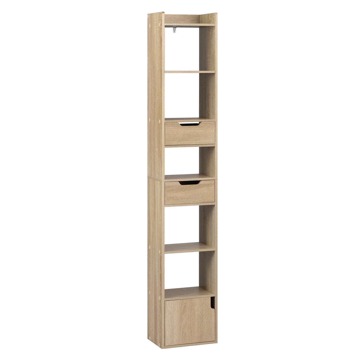 Boekenkasten - Boekenrek - Smalle Hoge Plank - boekenkasten hout - Met 6 Compartimenten - 2 Laden - 33x181x24 cm - Laadvermogen 50 kg - Lichte Eik