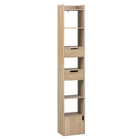 Boekenkasten - Boekenrek - Smalle Hoge Plank - boekenkasten hout - Met 6 Compartimenten - 2 Laden - 33x181x24 cm - Laadvermogen 50 kg - Lichte Eik